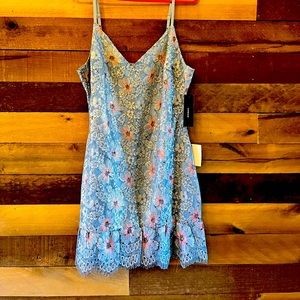 Lulus blue lace & sequin ruffle mini dress